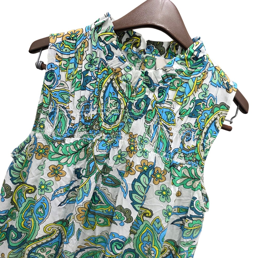 LOFT Womens Green Blue Paisley Ruffle‎ Neck Smocked Sleeveless Blouse Size S